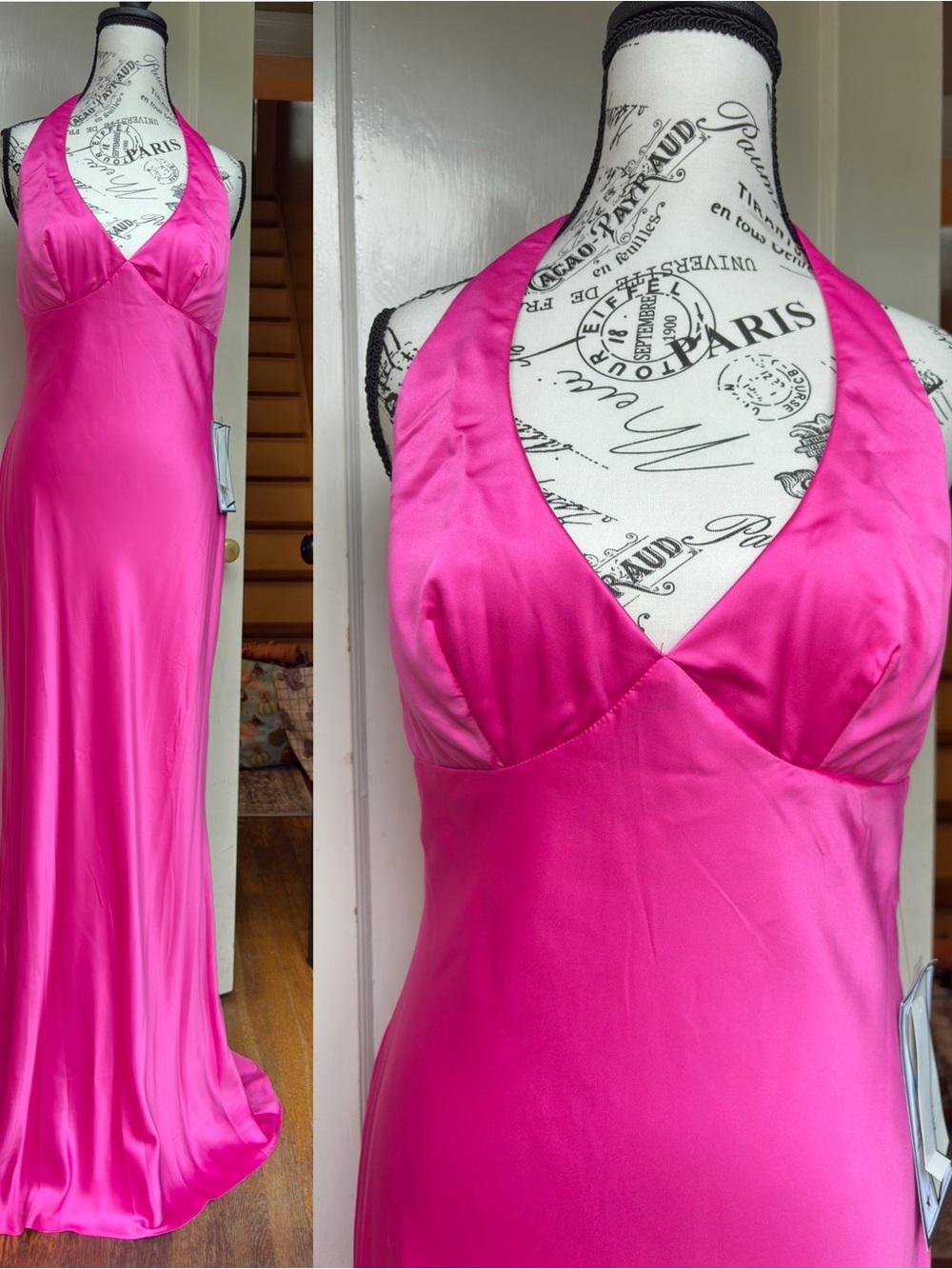Alex & Sophia Y2K Hot Pink Satin Halter Maxi Prom Dress 9/10 NWT